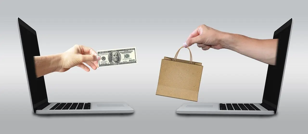 Hand geeft geld aan laptop met winkeltas, terwijl een andere hand een tas vasthoudt in Enschede