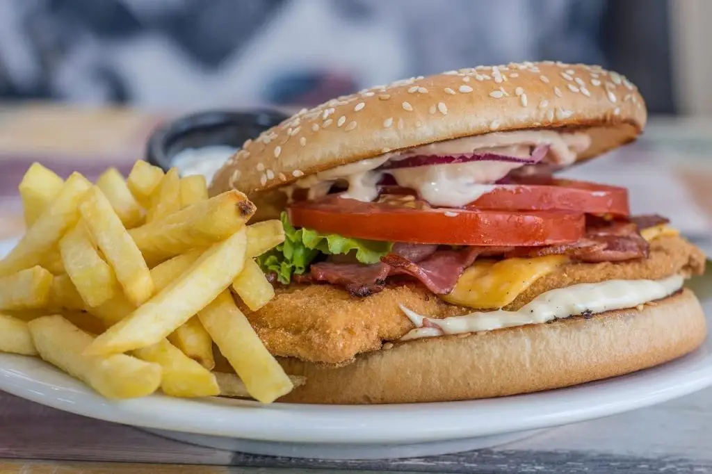 Een hamburger met frietjes en tomaat op een bord in Enschede